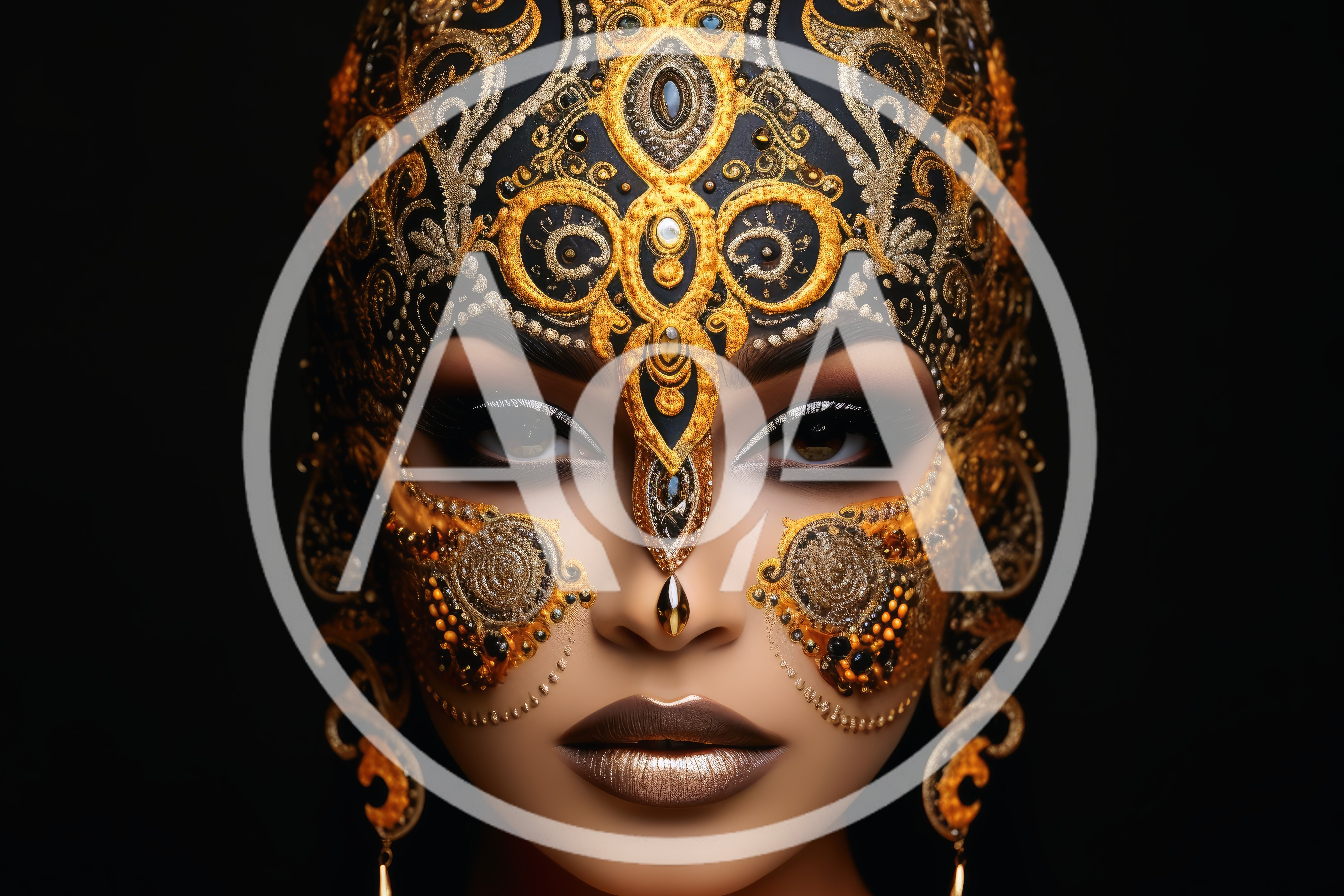 Portrait Of A Woman Wearing Ornate Gold Mask