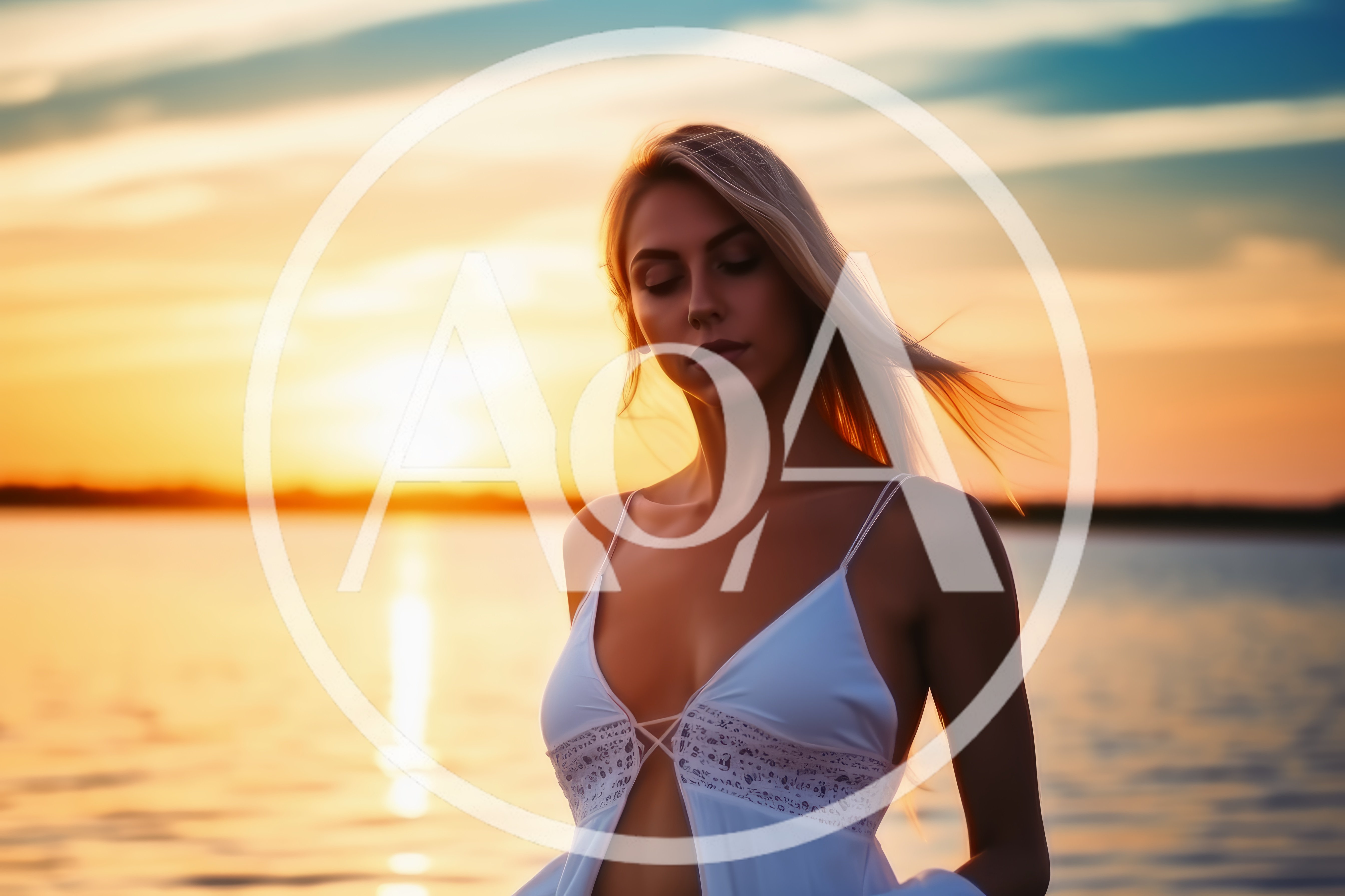 Blonde Woman Standing By The Ocean At Sunset