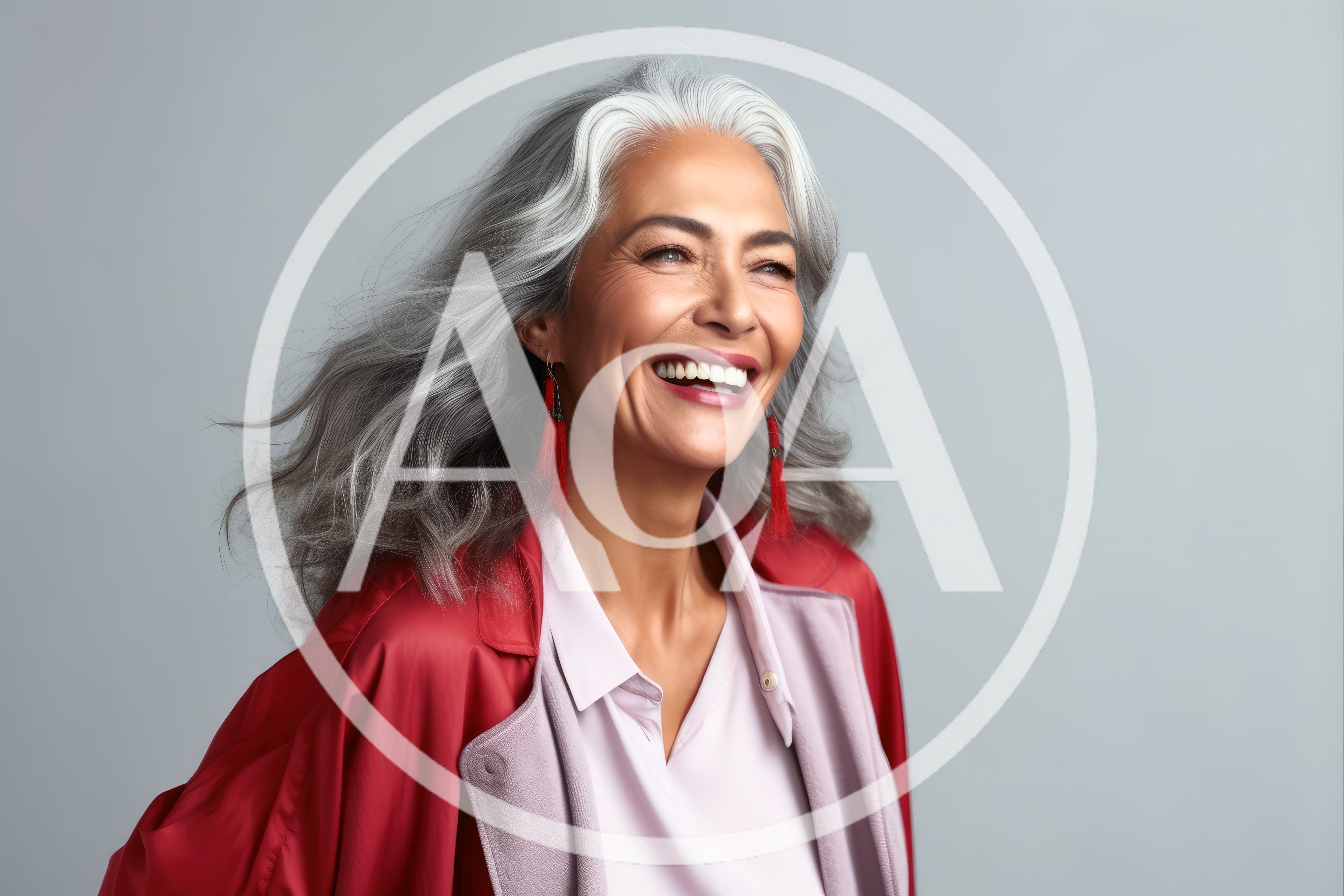 Smiling Mature Woman With Silver Hair In Red Jacket