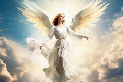 Ethereal Angel With Large Wings In Radiant Sky