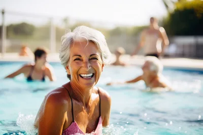 Happy Senior Woman Enjoying Water Aerobics In Swimming Pool