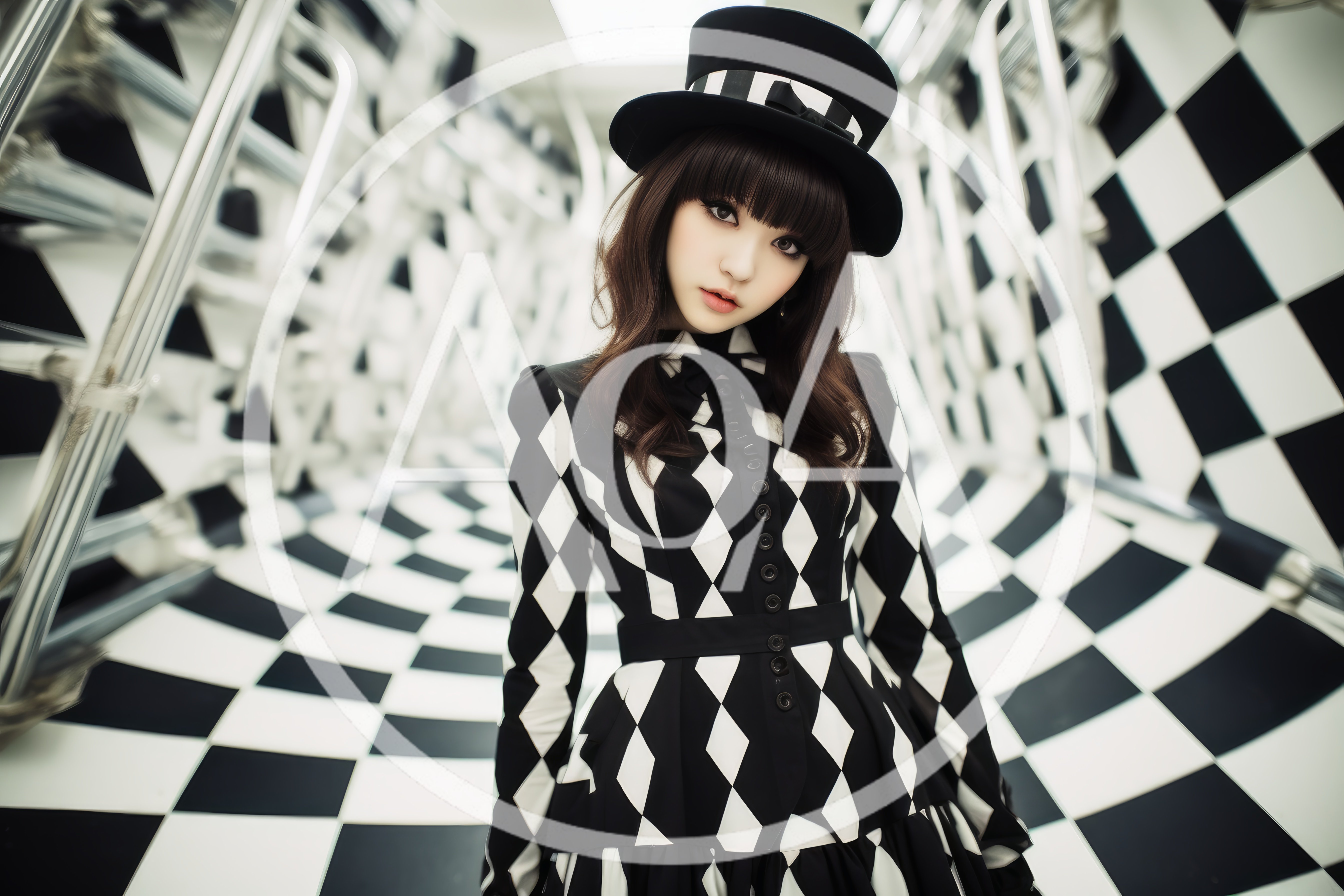 Young Woman in Harlequin Dress and Top Hat