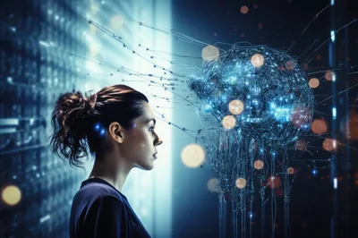 Woman Interacting With A Digital Neural Network Interface