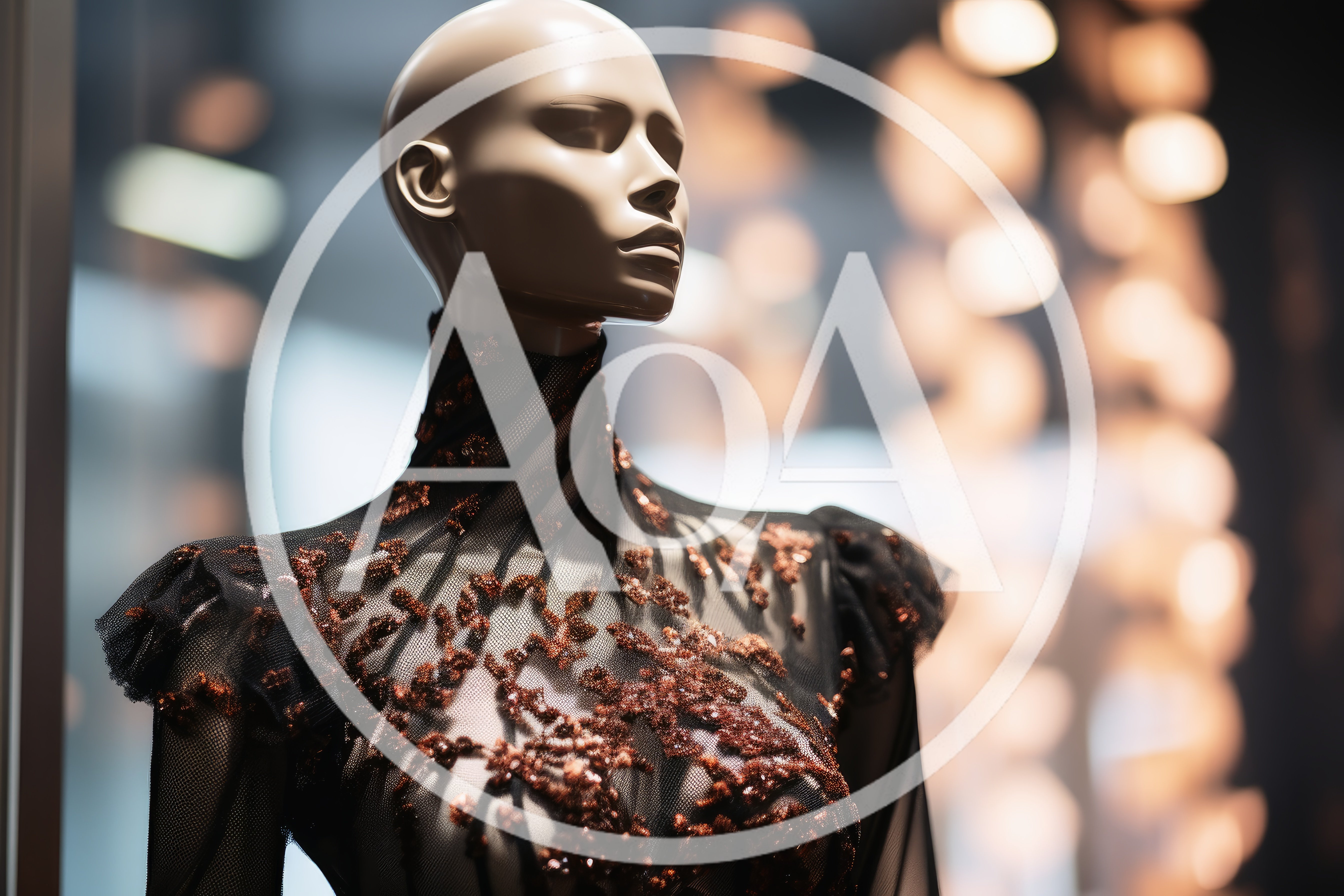 Mannequin Wearing Sheer Black Dress With Copper Embellishments