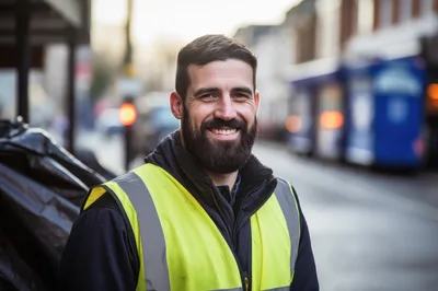 Portrait Of A Smiling Sanitation Worker In High Visibility Vest