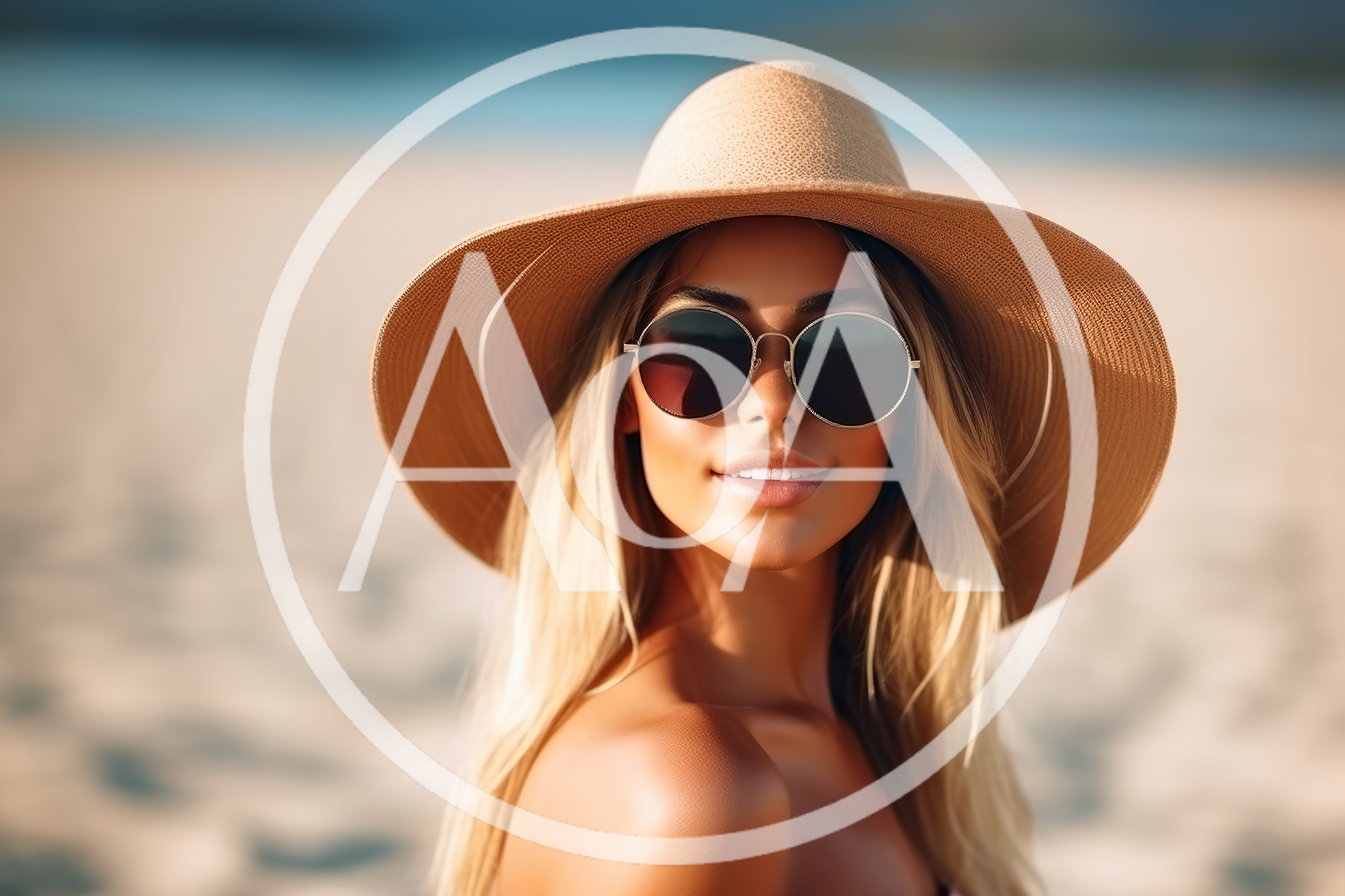 Blonde Woman Wearing Sun Hat And Sunglasses On Beach