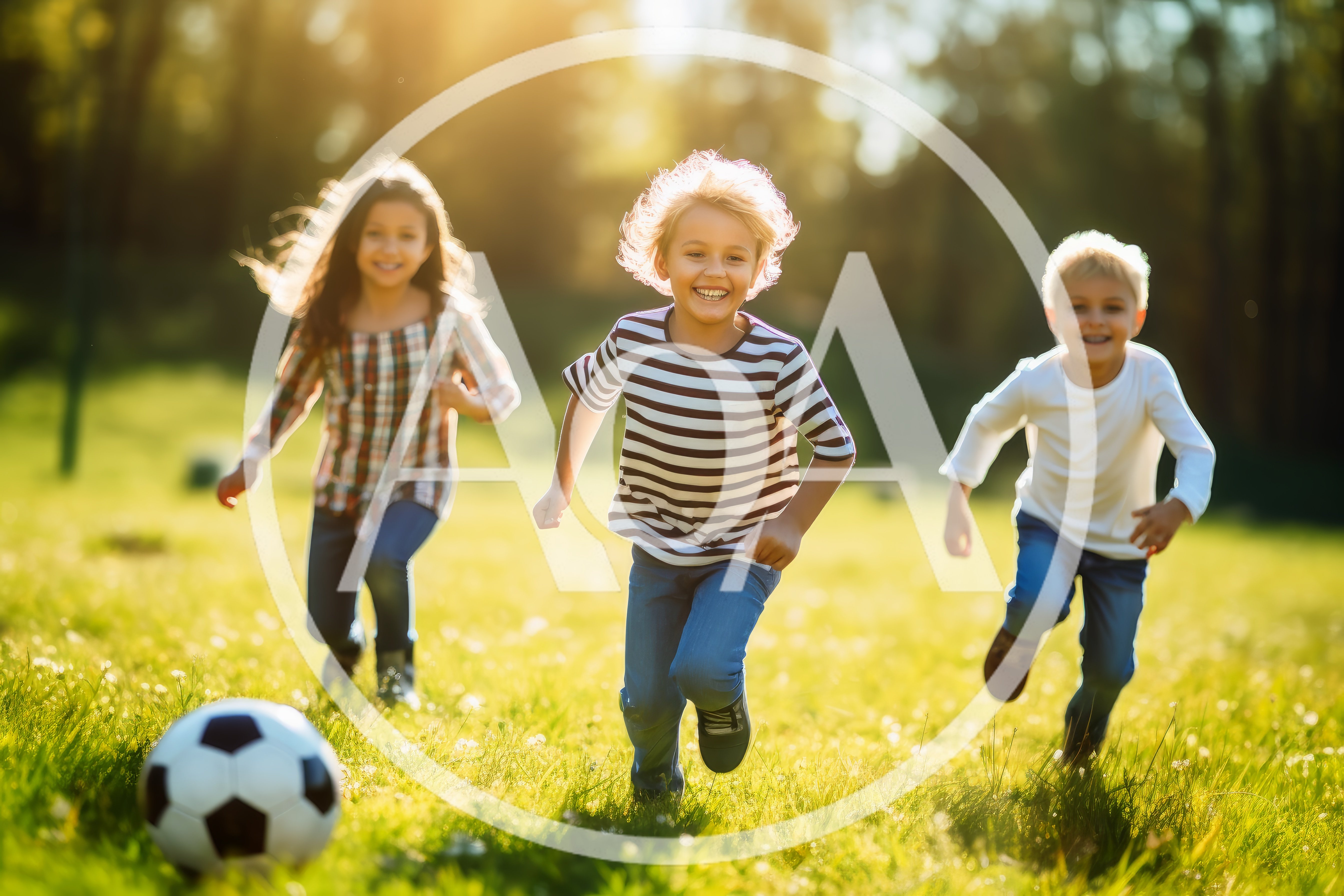 Three Happy Children Running Toward Soccer Ball