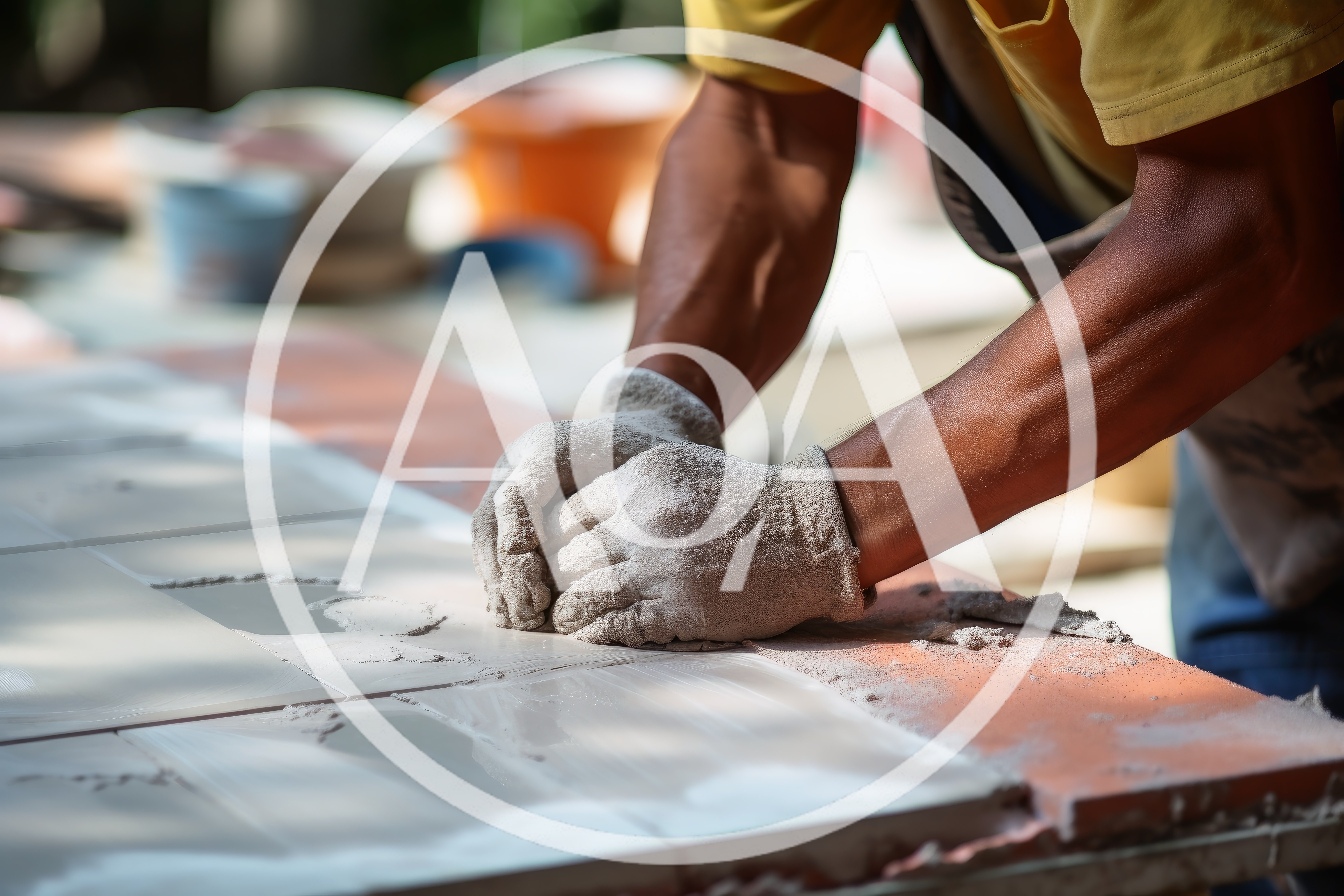 Construction Worker Installing Ceramic Tiles On A Surface