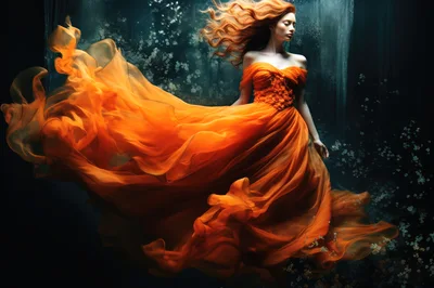 Ethereal Woman In Flowing Orange Dress Underwater