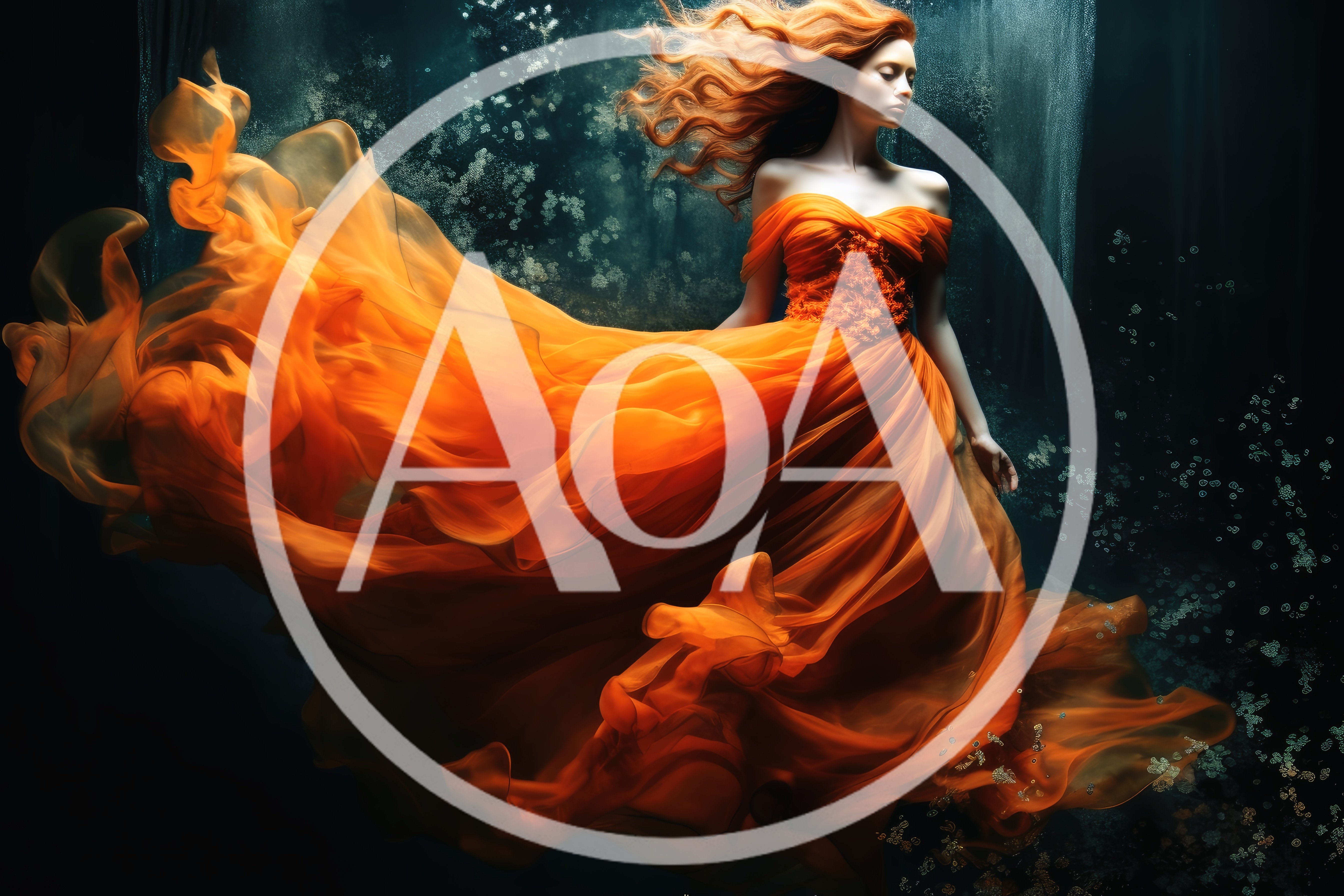 Ethereal Woman In Flowing Orange Dress Underwater