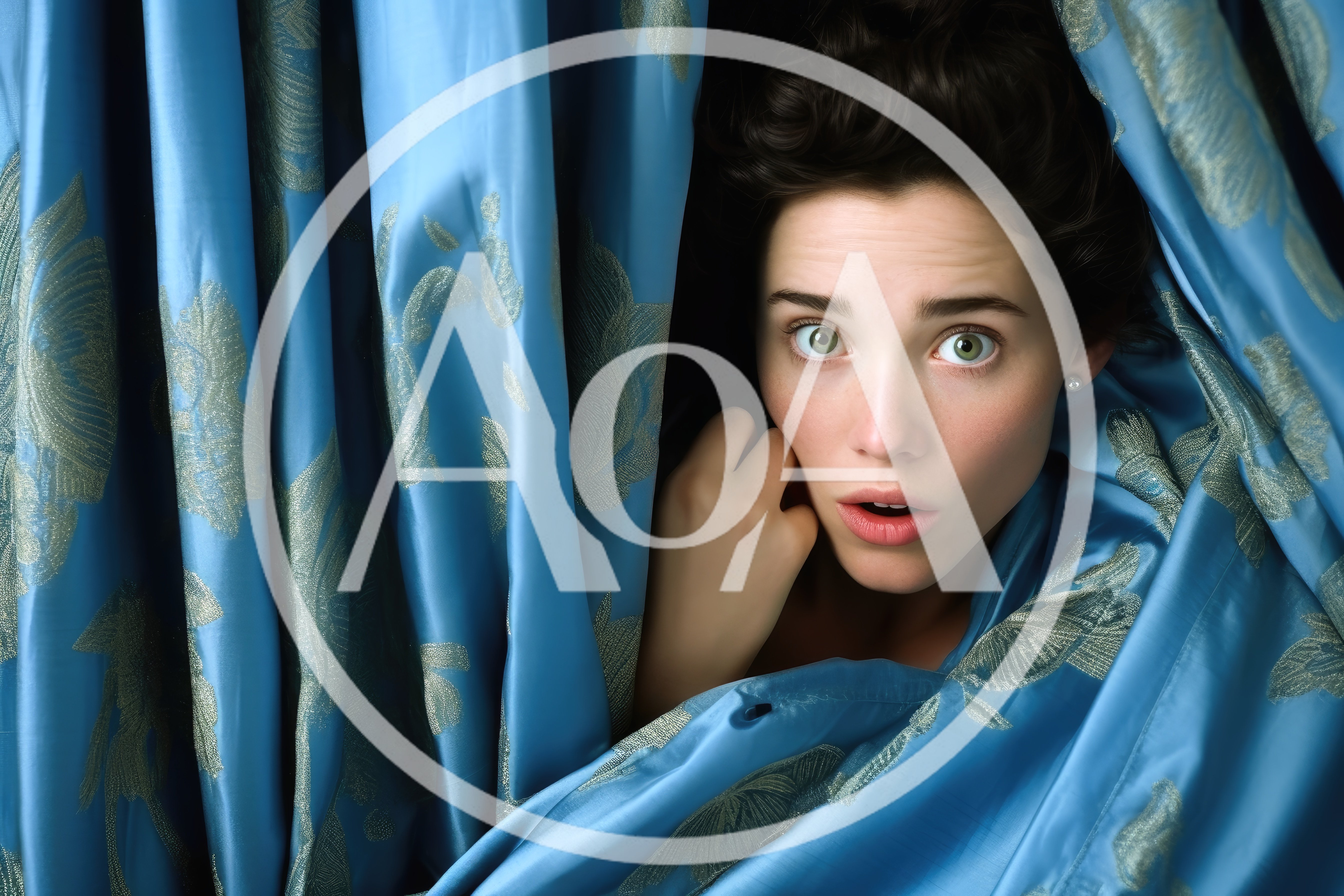 Surprised Woman Peeking From Behind Blue Curtains