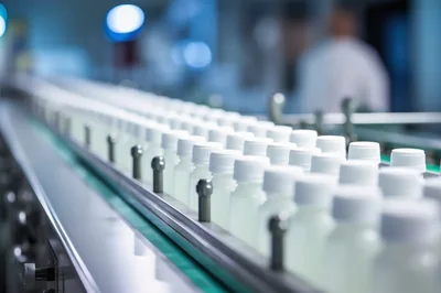 Bottles Moving Along An Automated Industrial Conveyor Belt