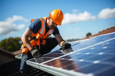 Solar Panel Technician Installing Equipment On Residential Roof