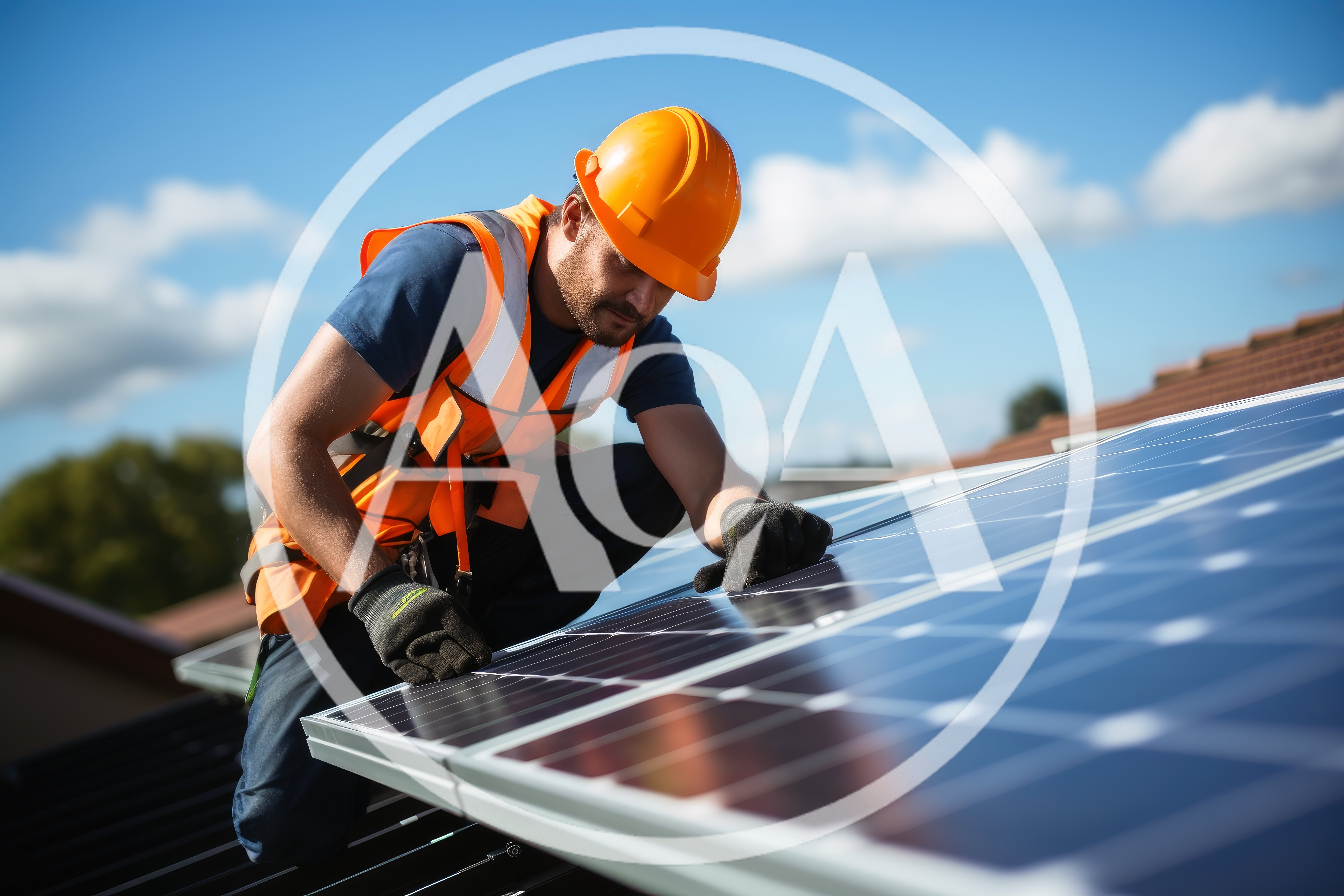 Solar Panel Technician Installing Equipment On Residential Roof