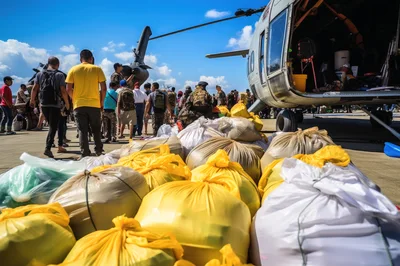 Humanitarian Aid Distribution Near Military Helicopter