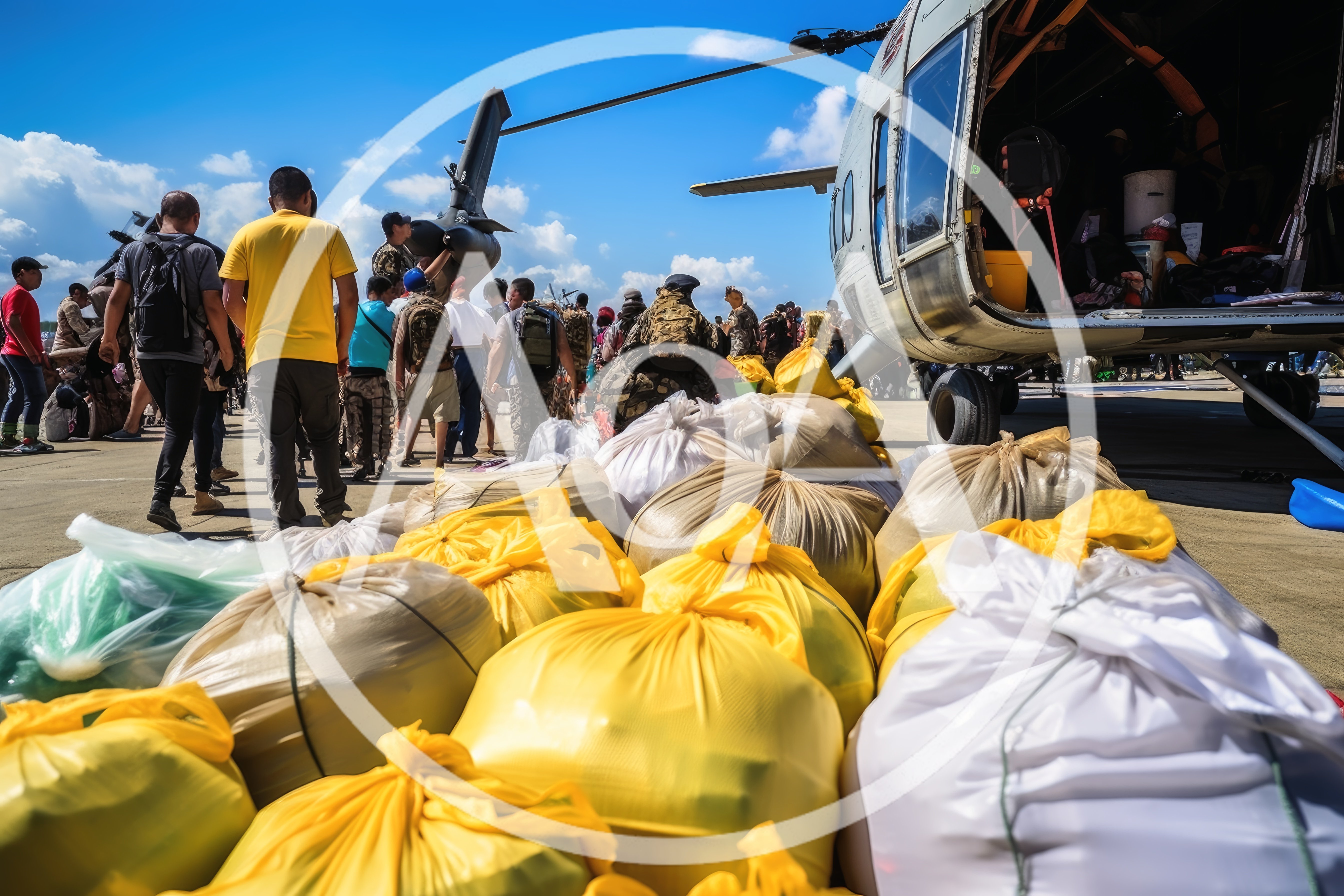 Humanitarian Aid Distribution Near Military Helicopter