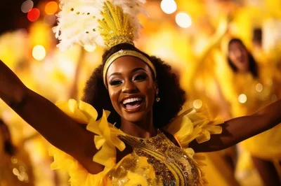 Joyful Carnival Dancer In Vibrant Yellow Costume