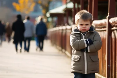 Grumpy Young Boy Standing With Crossed Arms