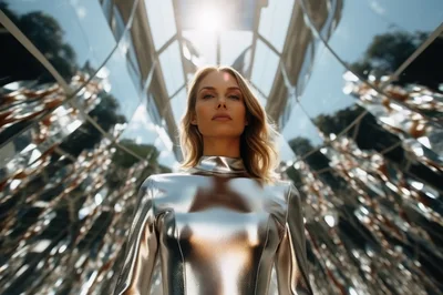 Futuristic Woman In Metallic Silver Bodysuit