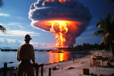 Man Watching A Massive Nuclear Explosion On A Tropical Beach