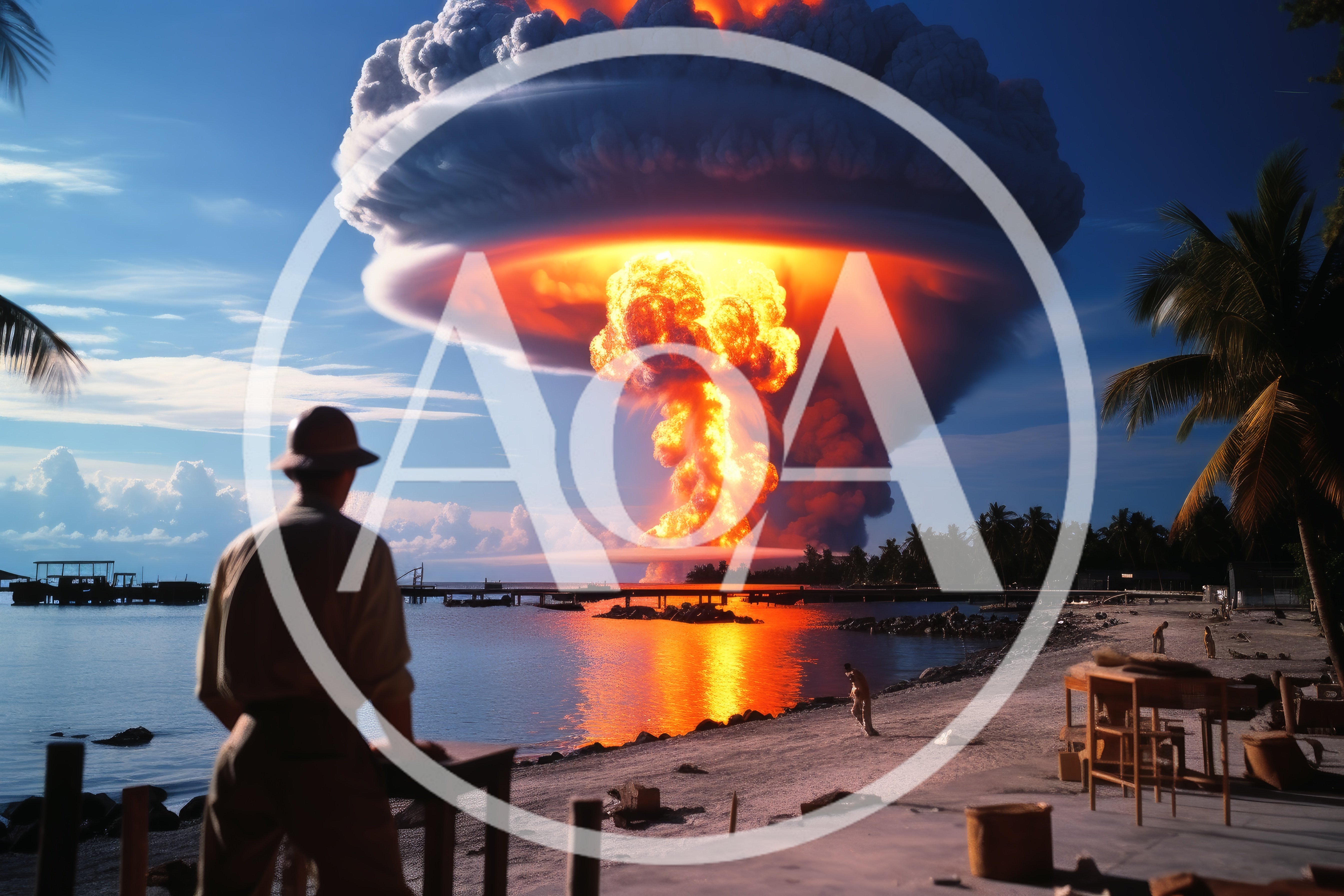 Man Watching A Massive Nuclear Explosion On A Tropical Beach
