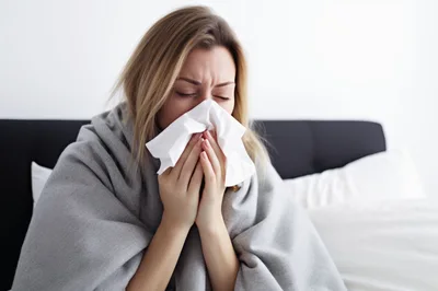 Sick Woman Blowing Her Nose In Bed