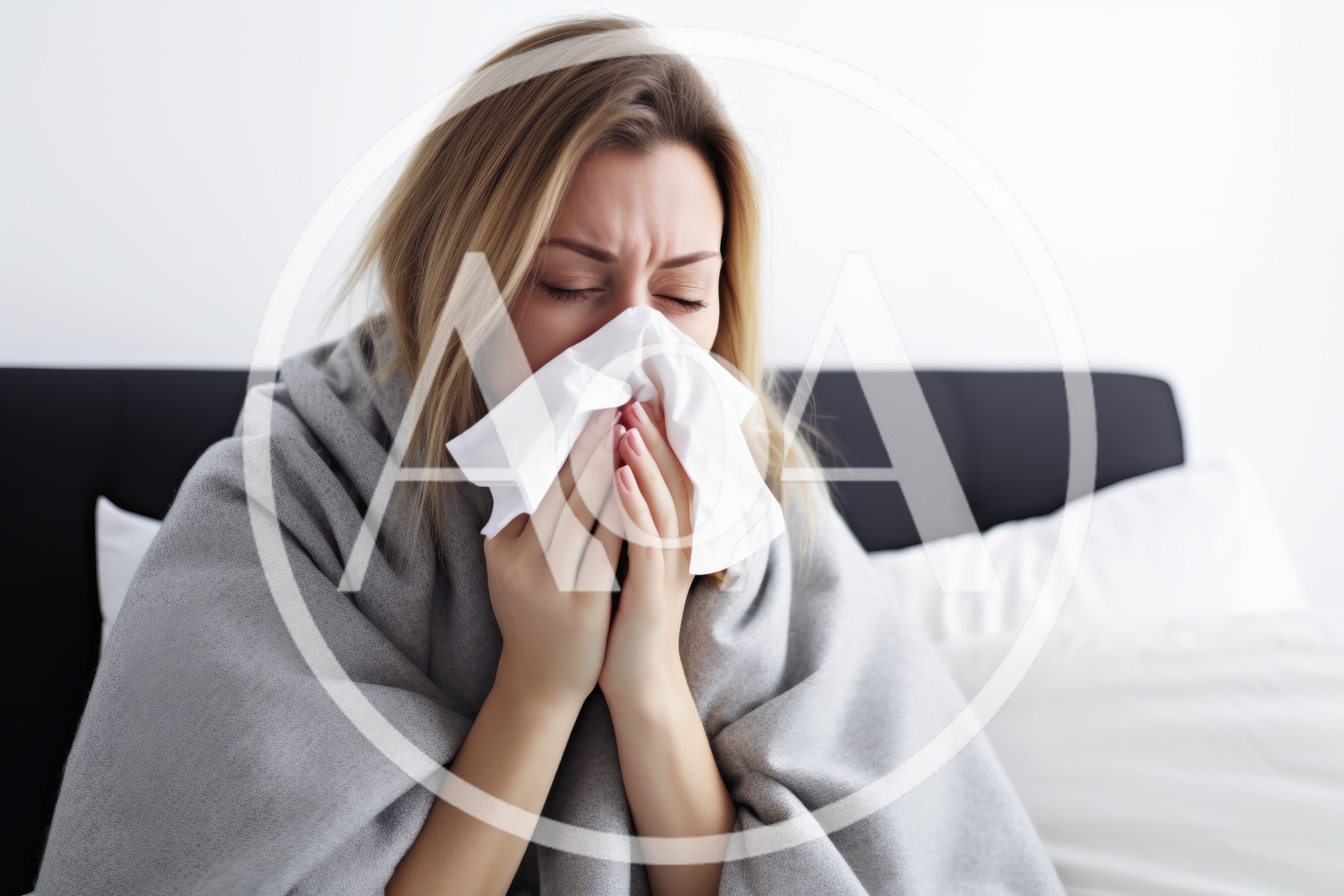 Sick Woman Blowing Her Nose In Bed