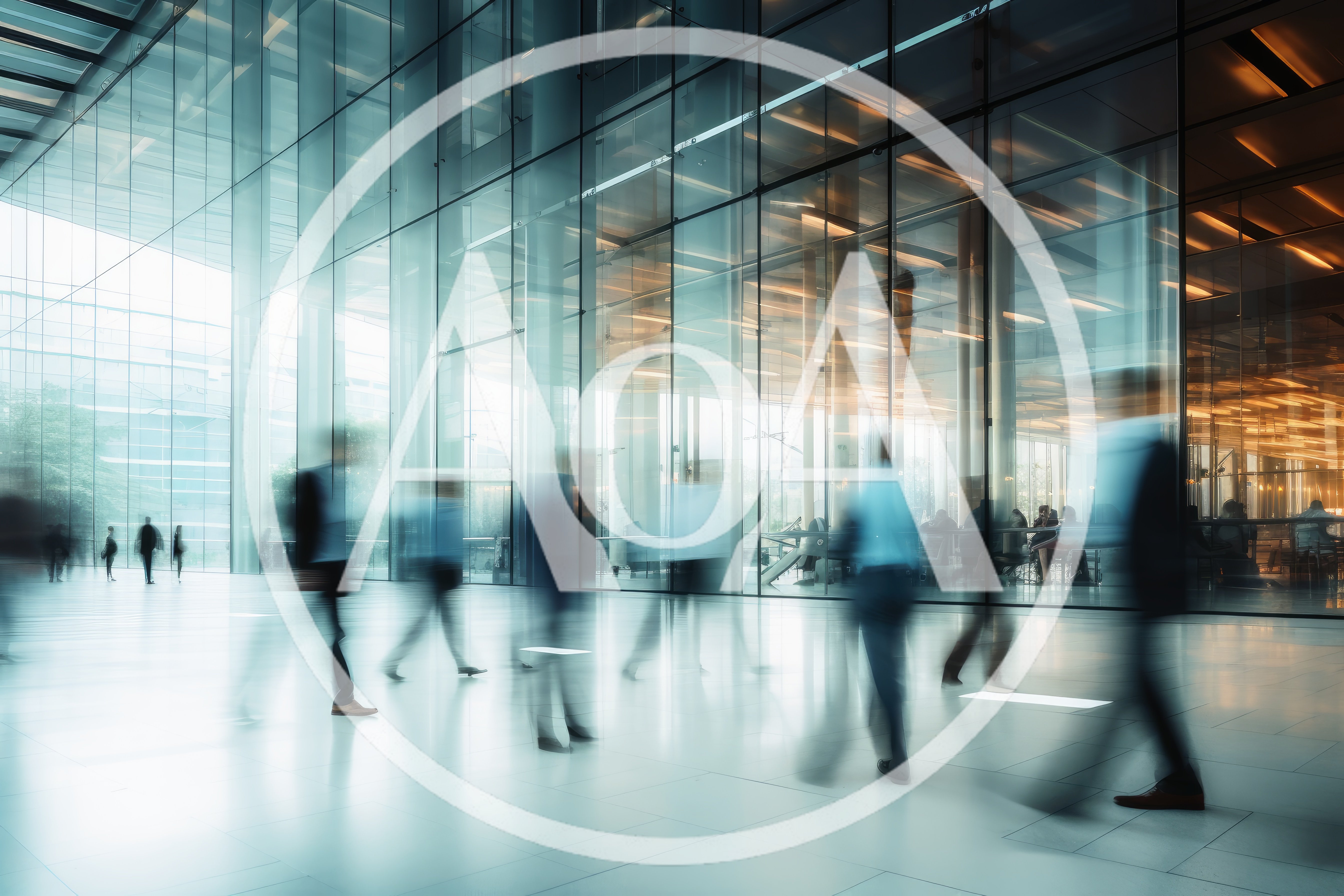 Blurred Business Professionals Walking Through Modern Glass Office Lobby