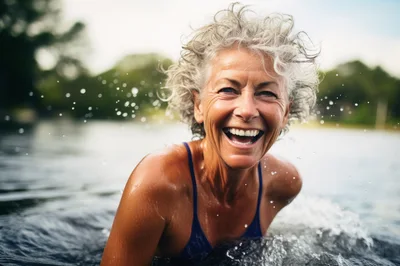 Joyful Senior Woman Swimming In A Lake
