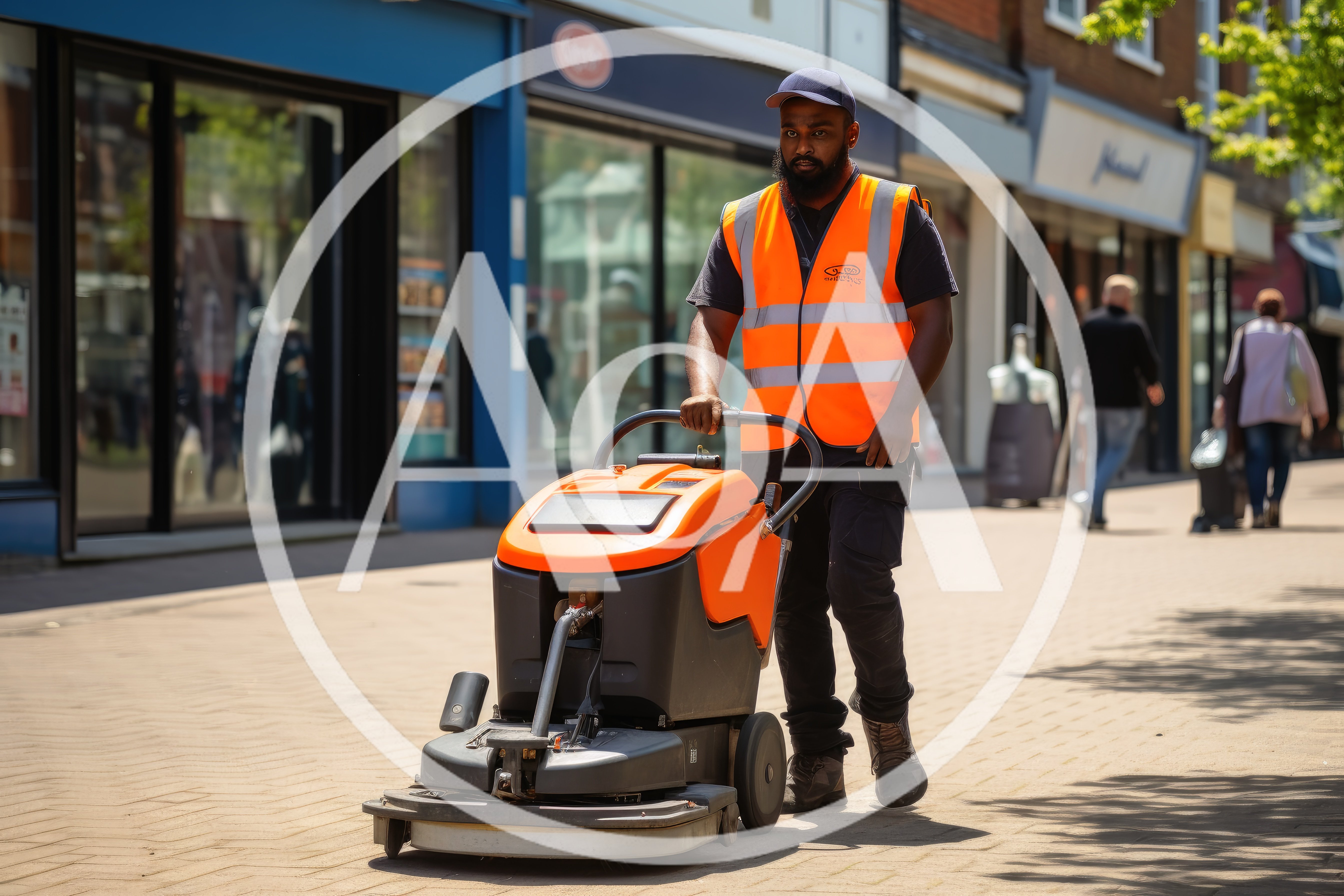 Professional Cleaner Operating Floor Scrubber On City Street