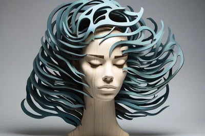 Wooden Mannequin Head With Abstract Blue Sculptural Hair