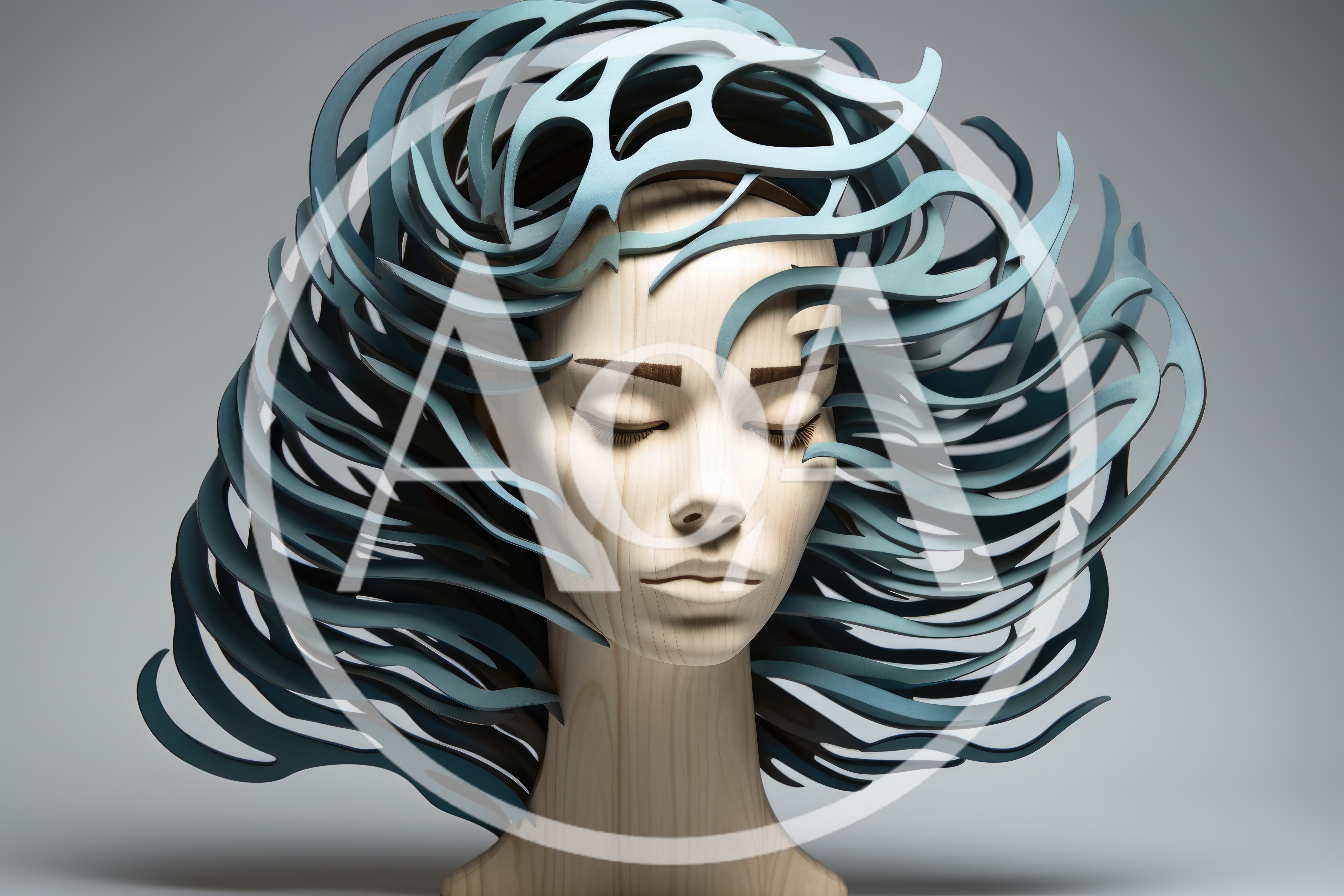 Wooden Mannequin Head With Abstract Blue Sculptural Hair
