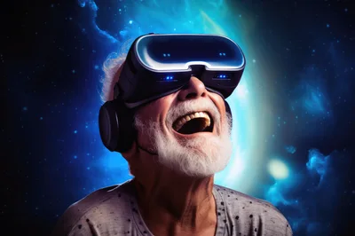 Elderly Man Experiencing Virtual Reality In Space