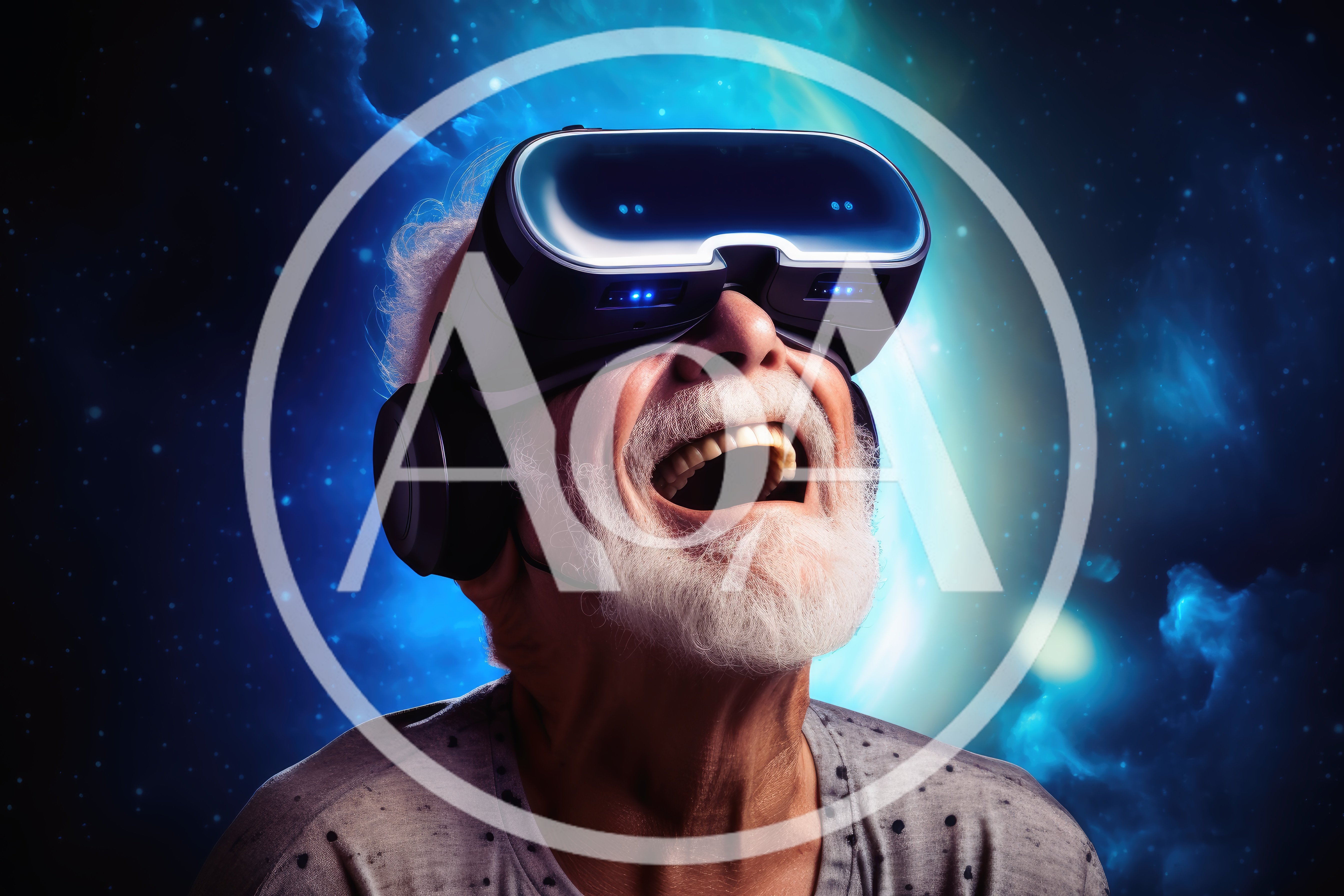 Elderly Man Experiencing Virtual Reality In Space