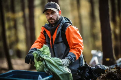 Volunteer Cleaning Up Litter In A Forest