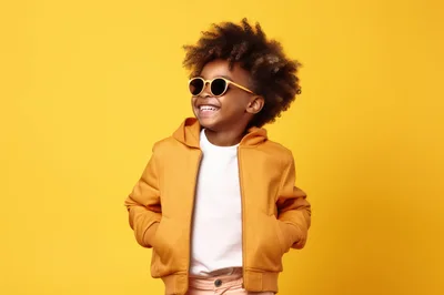 Happy Young Boy Wearing Yellow Jacket and Sunglasses