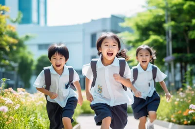 Three Happy School Children Running Outdoors