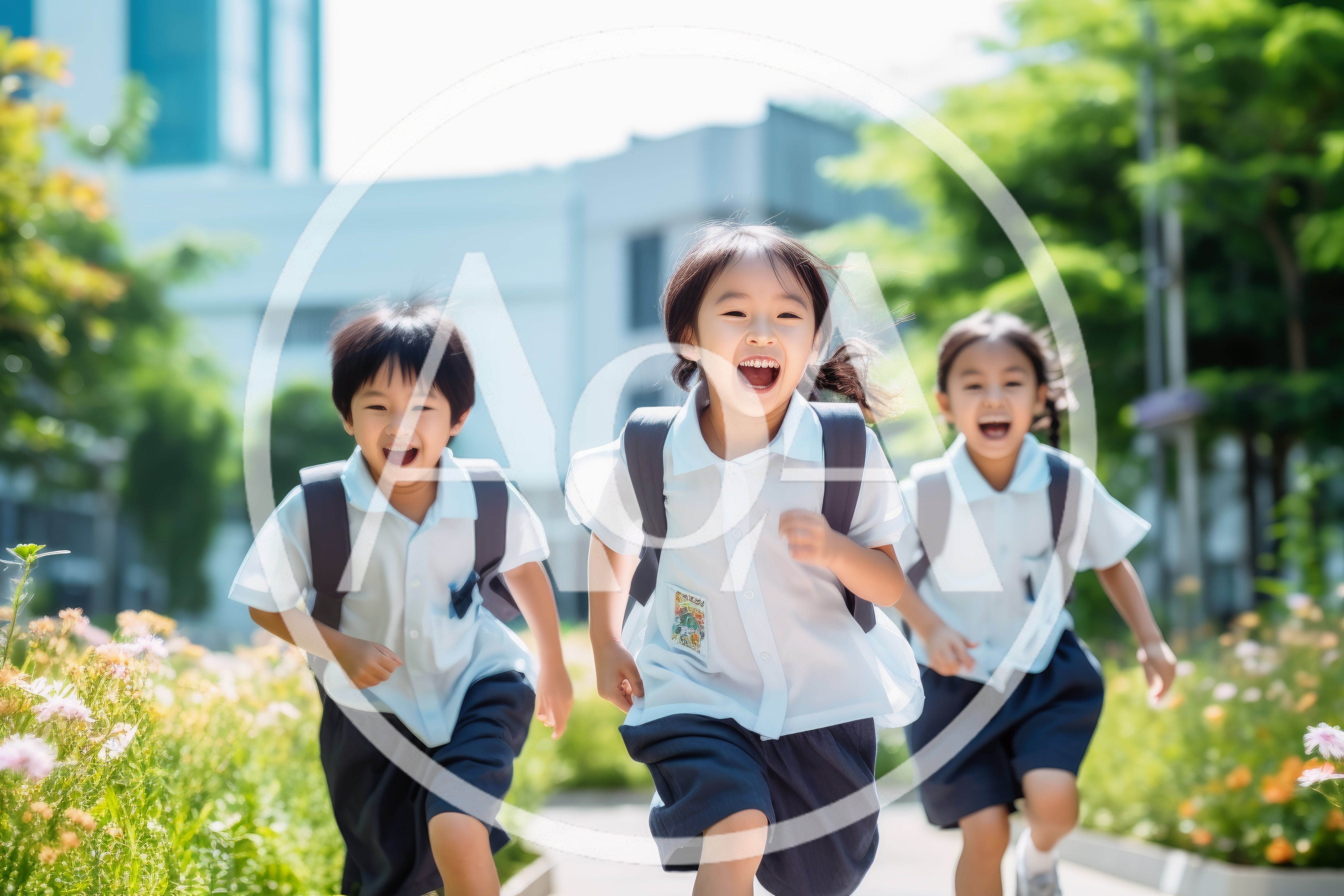 Three Happy School Children Running Outdoors