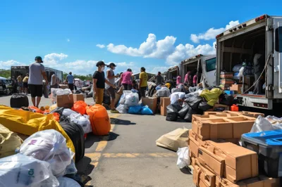 People Sorting Donated Goods At Outdoor Distribution Center