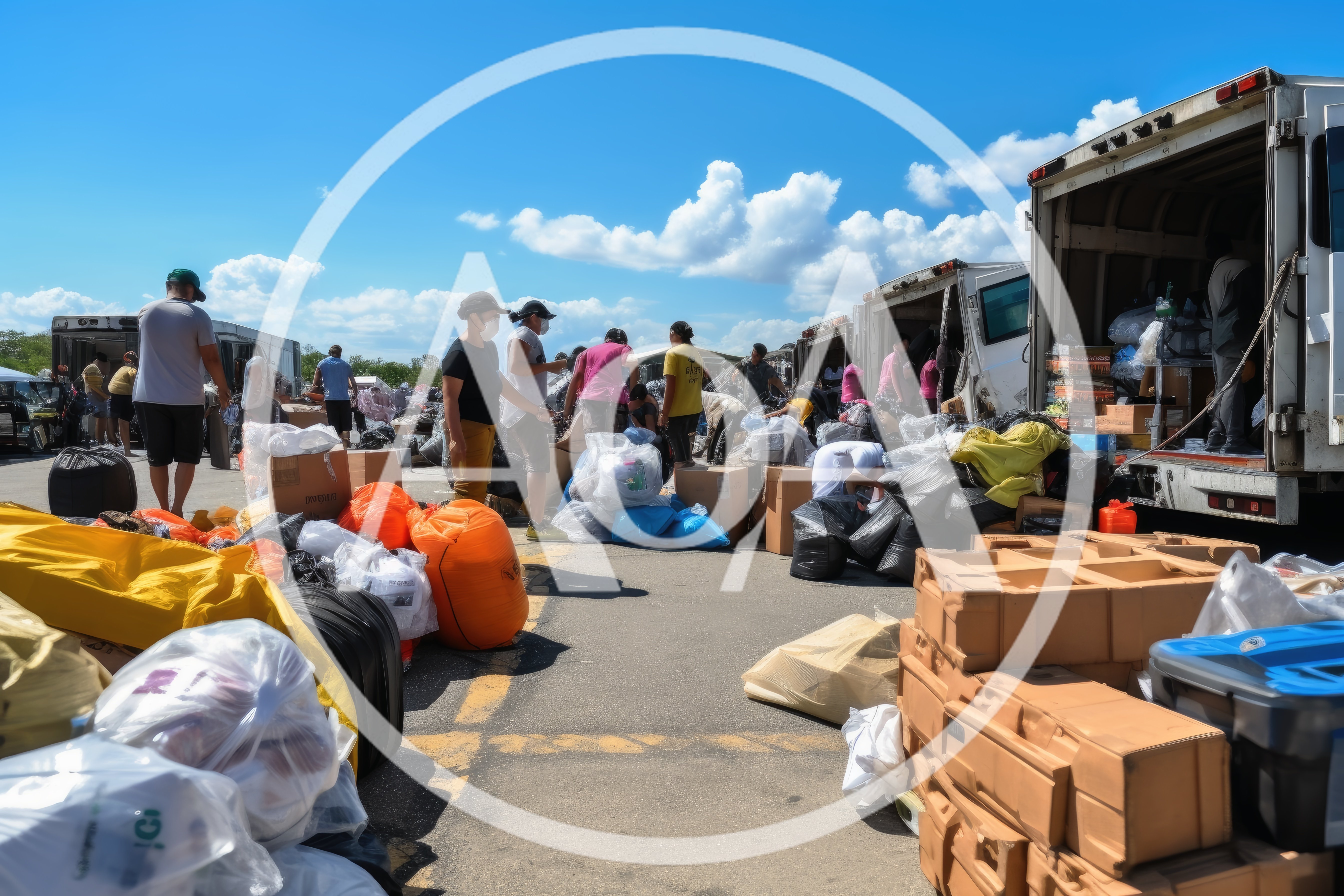 People Sorting Donated Goods At Outdoor Distribution Center