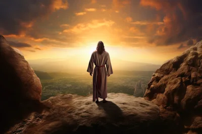 Jesus Standing On A Mountain Overlooking A City