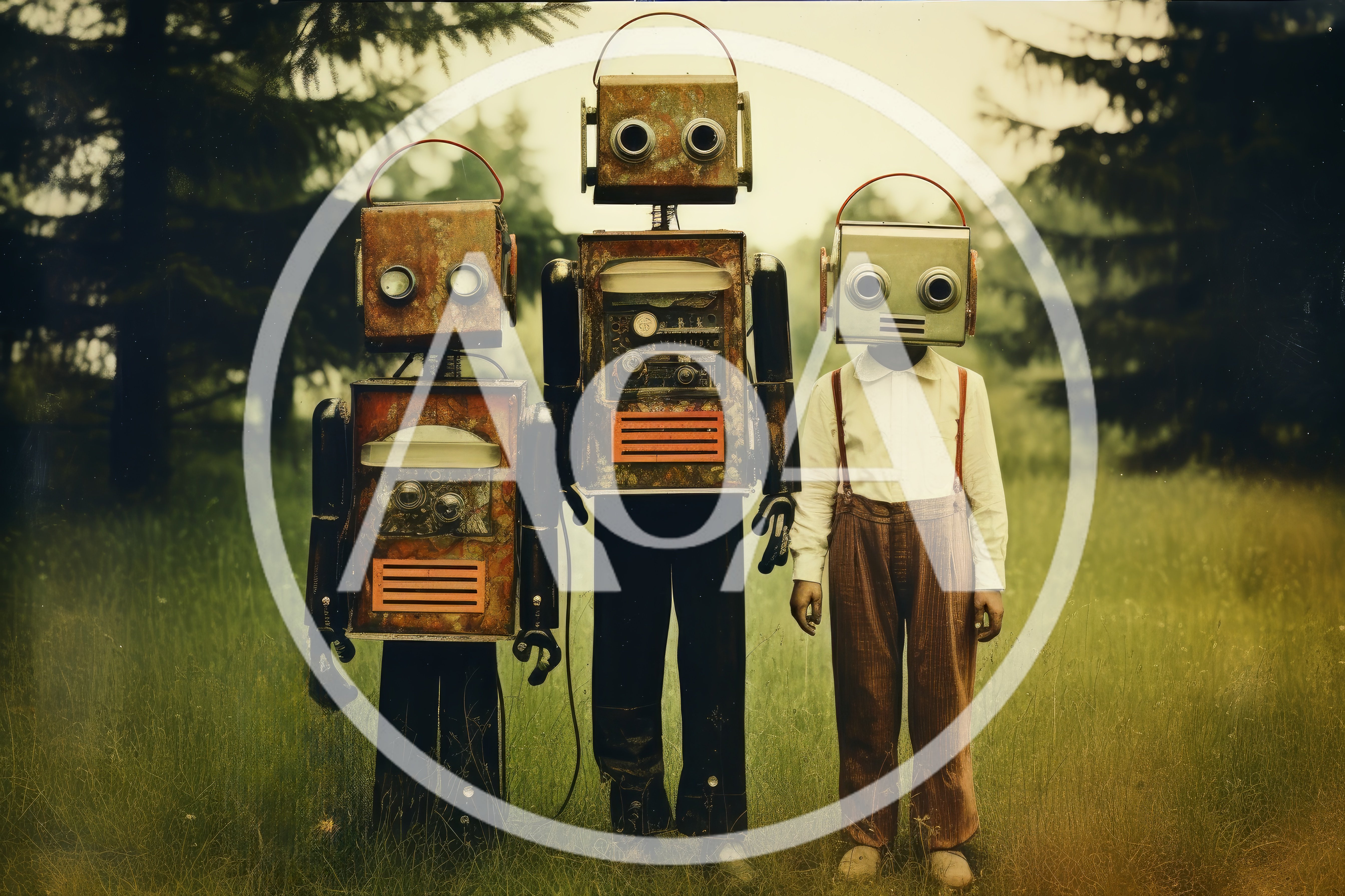 Three Vintage Robot Figures Standing In A Grassy Field