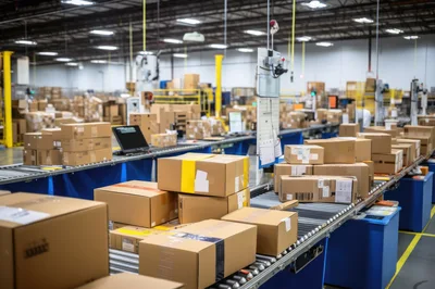 Cardboard Packages Moving Along Automated Warehouse Conveyor Belt