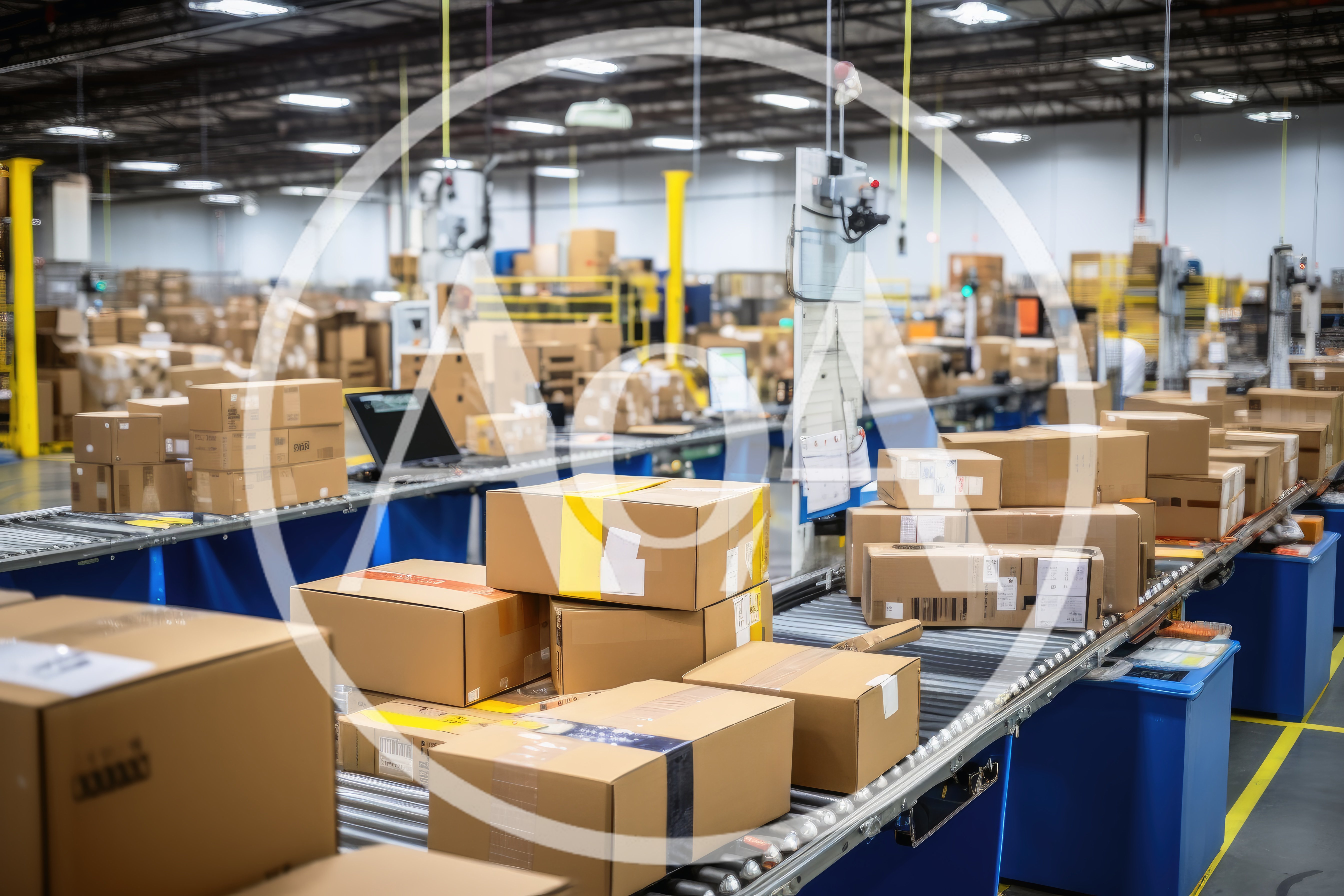 Cardboard Packages Moving Along Automated Warehouse Conveyor Belt