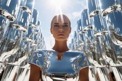 Futuristic Woman Standing Among Reflective Metallic Pillars