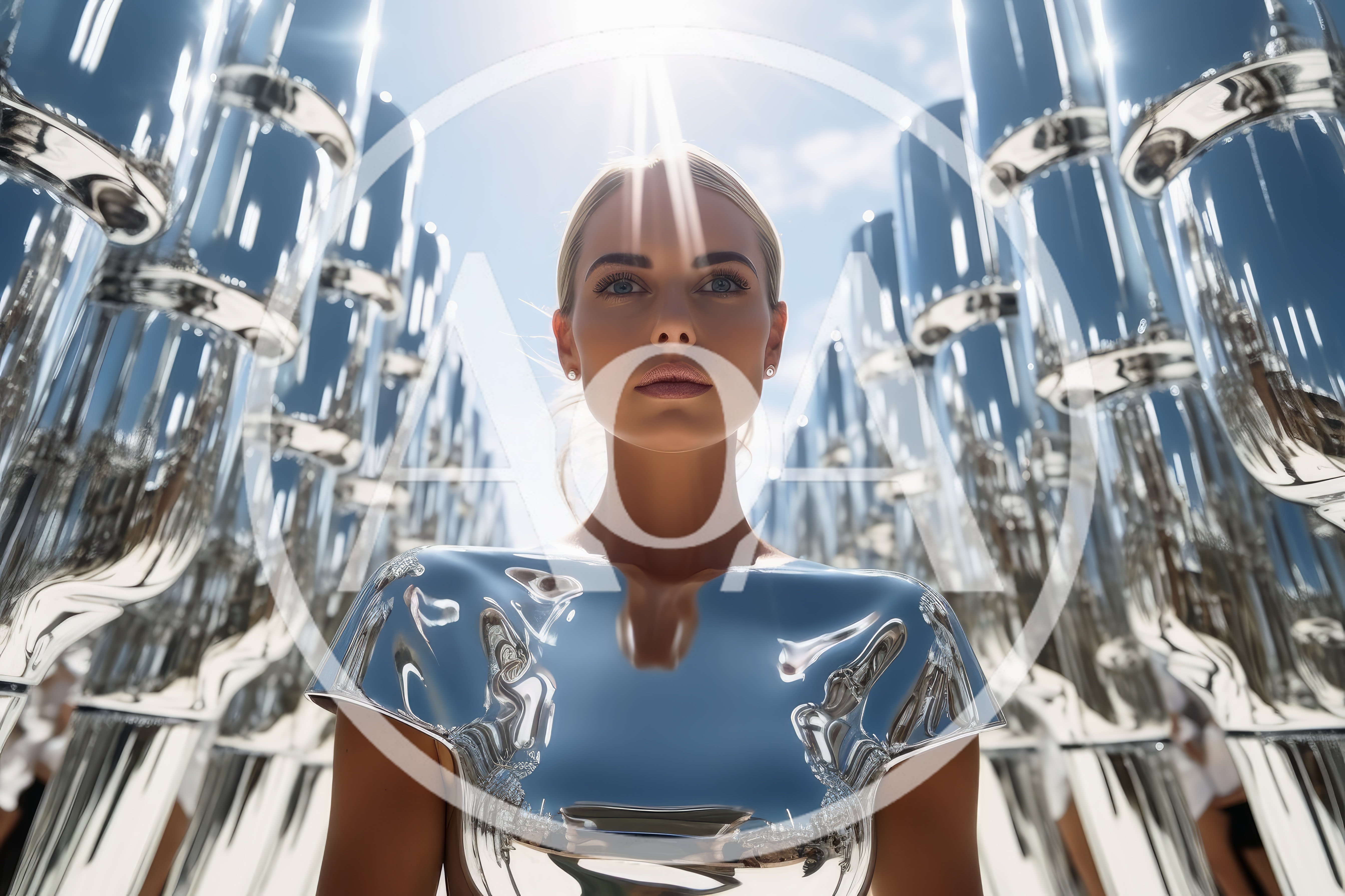 Futuristic Woman Standing Among Reflective Metallic Pillars