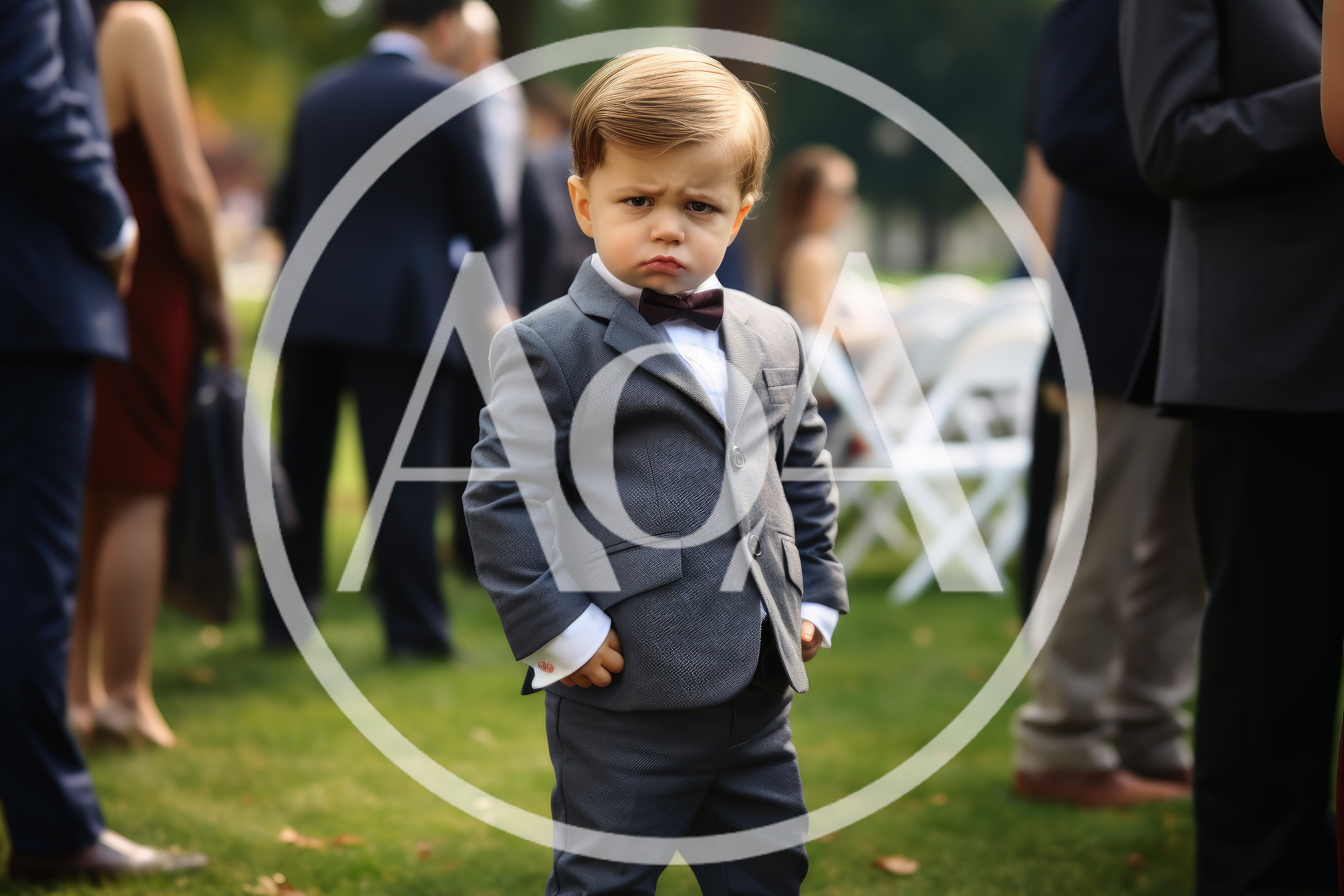 Grumpy Toddler Boy in Formal Suit at Outdoor Event