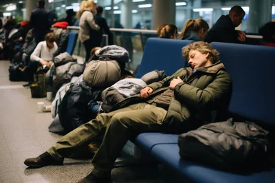 Young Man Sleeping On Airport Terminal Bench
