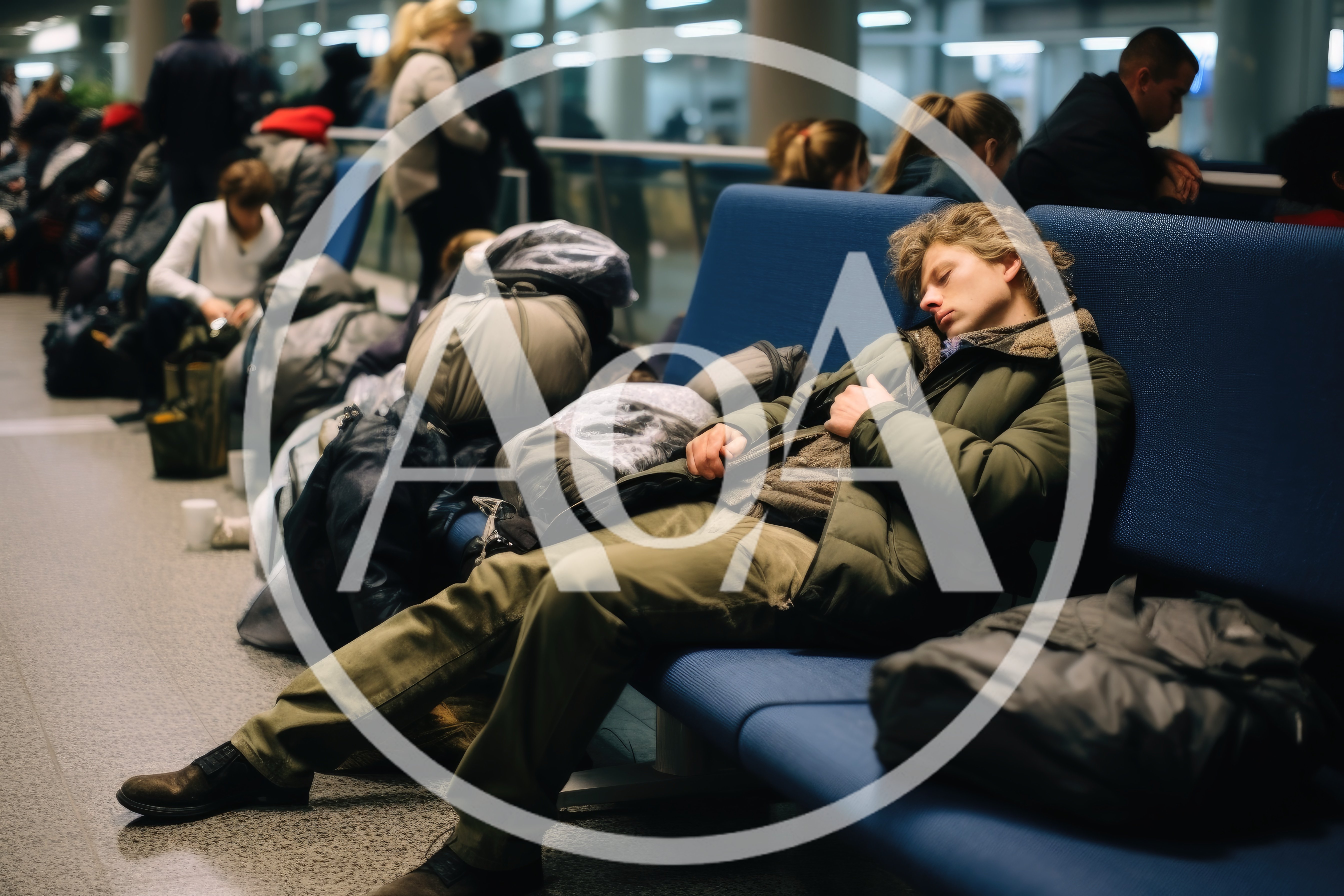 Young Man Sleeping On Airport Terminal Bench
