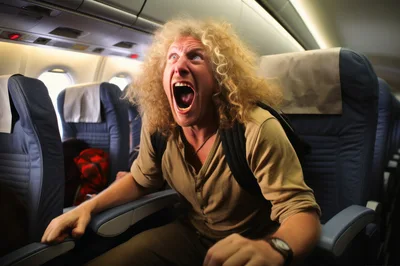 Man With Curly Hair Screaming In Airplane Seat